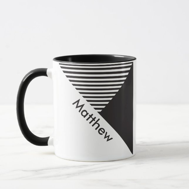 Mug Minimaliste noir blanc rayures Geo Nom personnalis (Gauche)