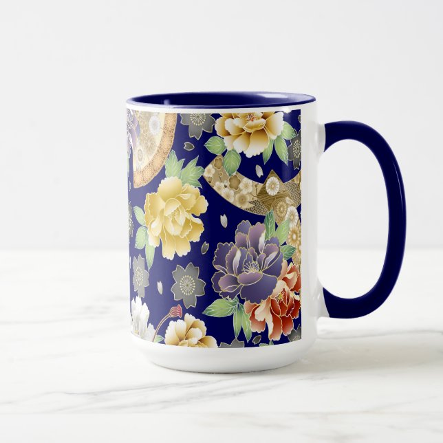 Mug Mint Blue Gold Flowers Beau Motif japonais (Droite)