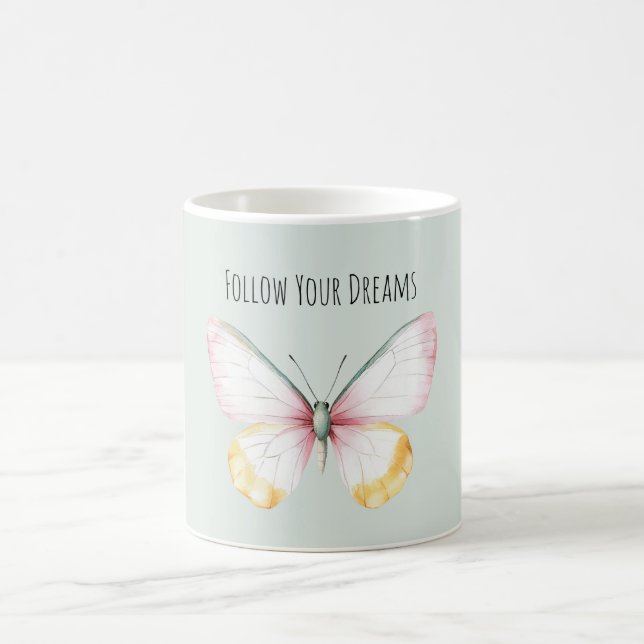 Mug Mint White Yellow Pink Teal Butterfly (Centre)