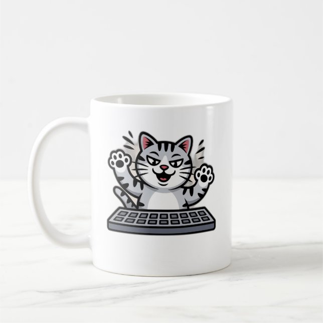 Mug Mischievous Cartoon Cat at Keyboard (Gauche)