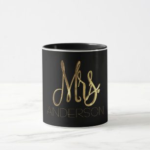 Mug Mme Ajouter le nom Black and Gold Elegant Typograp