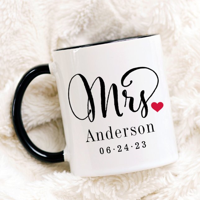 Mug Mme Elegant Script Coeur personnalisé mariage Mono (Créateur téléchargé)
