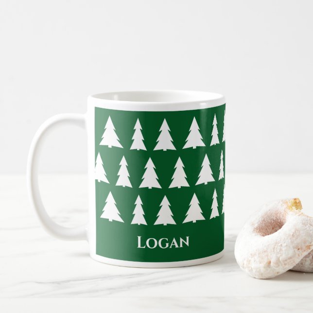 Mug Modèle d'arbre de Noël vert moderne avec nom (Avec donut)