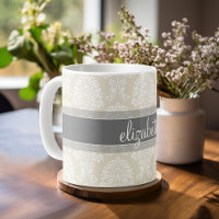 Modèle de Damas Vintage gris et lin avec nom