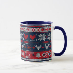 Mug Modèle de tricot Fair Isle Bleu Rouge de Noël