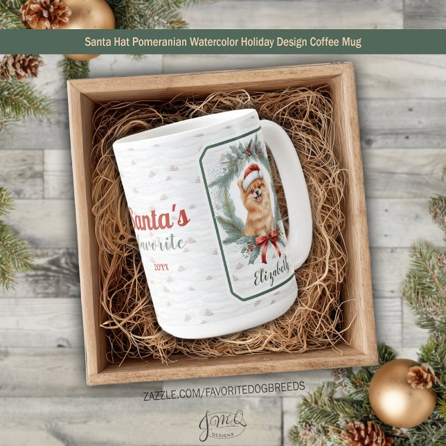 Mug Modèle de vacances à l'aquarelle de Poméranie au c (Santa Hat Pomeranian Watercolor Holiday Design Coffee Mug)