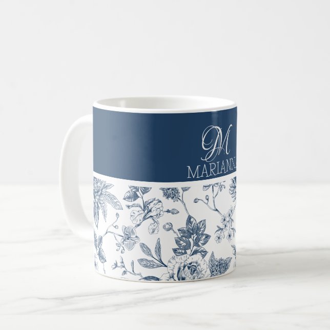 Mug Modèle Floral bleu et nom Personnalisé (Devant gauche)