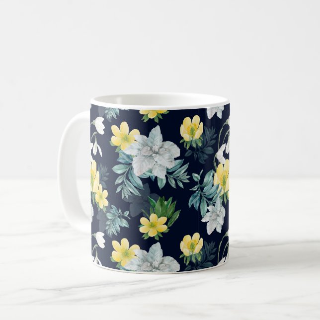 Mug Modèle floral jaune et gris (Devant gauche)
