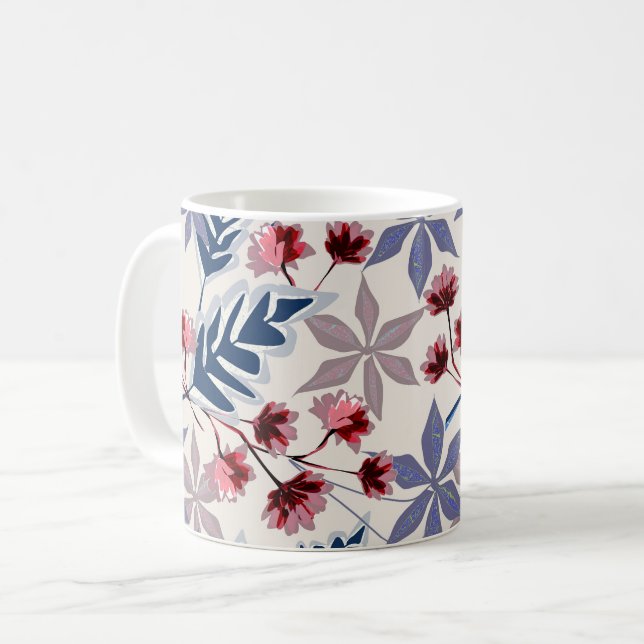 Mug Modèle floral rétro aux fleurs roses et bordeaux (Devant gauche)