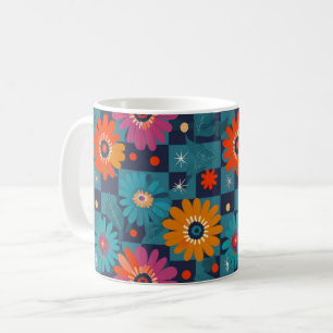 Mug Modèle floral rétro vibrant avec Carrés Turquoises