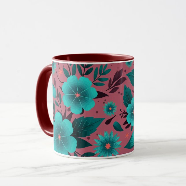 Mug Modèle floral turquoise sur Arrière - plan marron (Devant gauche)