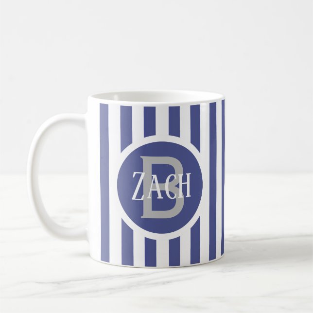 Mug Modèle rayé Bleu C49 Nom court Initial (Gauche)
