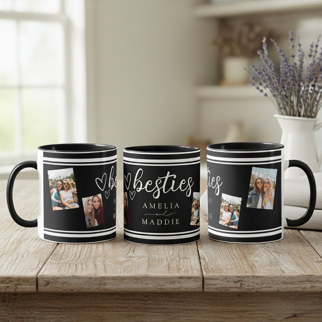 Mug Modern 4 Photo Besties Black and White  (Modern 4 Photo Besties Black and White Mug Front, right and left sides shown.)