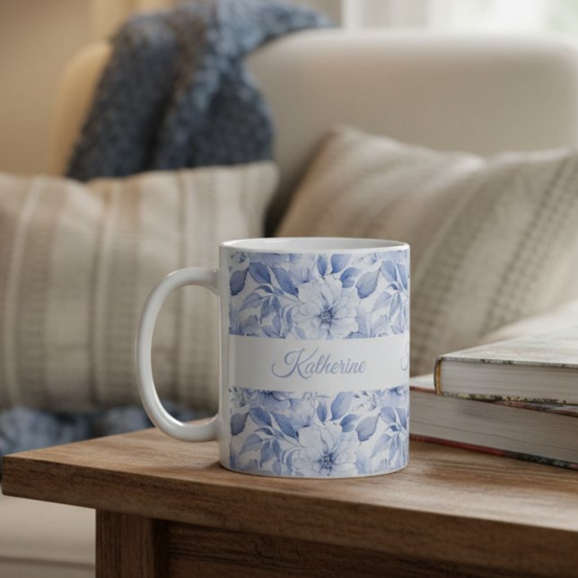 Mug Modern Blue Watercolor Floral Pattern Name (Créateur téléchargé)