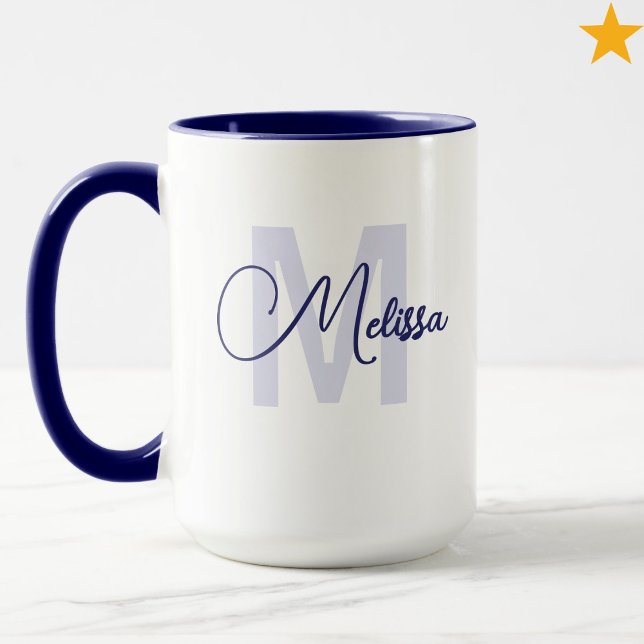 Mug Modern Blue White Custom Name Cursive Monogram (Créateur téléchargé)