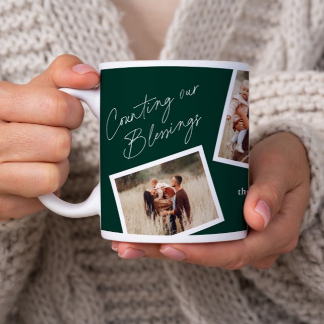 Mug Modern Elegant 4 Photo Collage Famille Cadeau (A modern counting our blessings script 4 photo collage mug in forest green.)