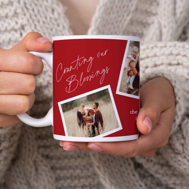 Mug Modern Elegant 4 Photo Collage Famille Cadeau (A modern counting our blessings script 4 photo collage mug in red.)