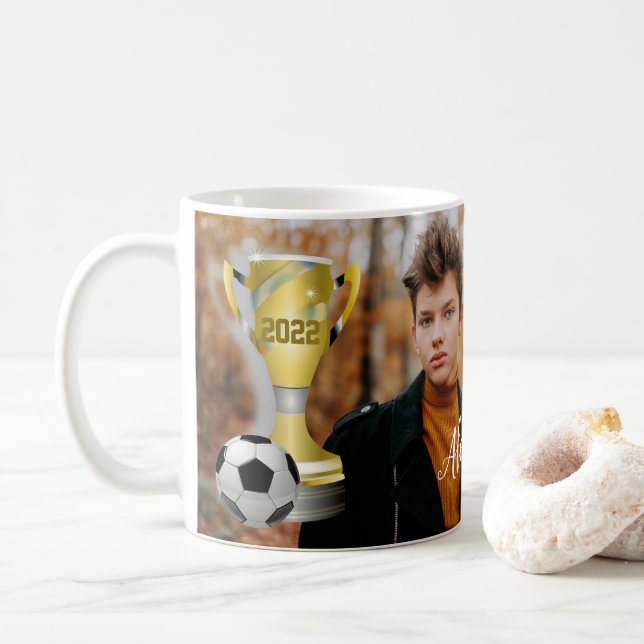 Mug Modern Grey Soccer Sports Photo & Nom pour lui (Avec donut)