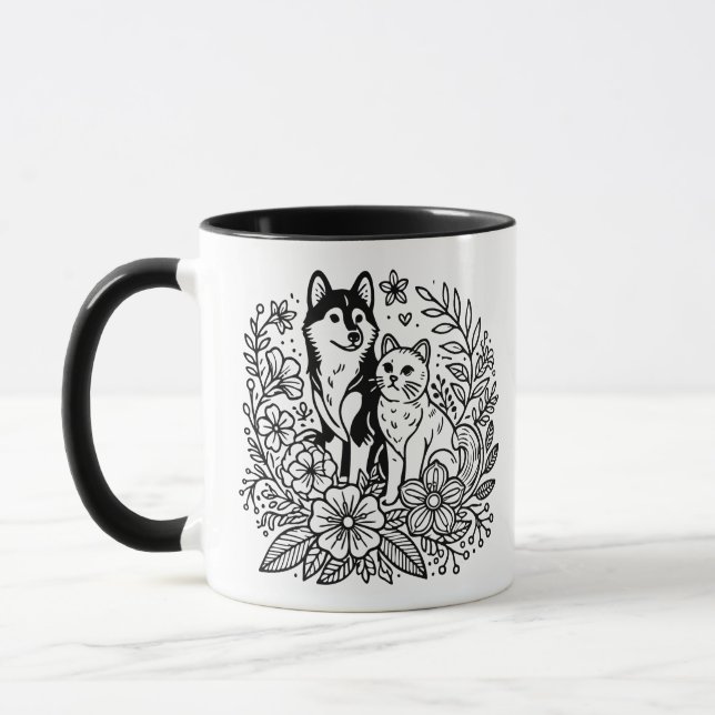 Mug Modern Husky and Cat Line Art  (Gauche)