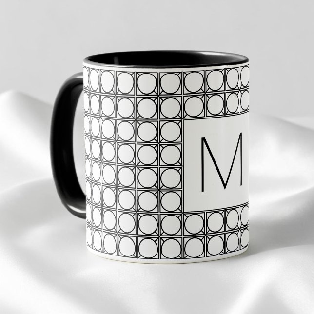 Mug Modern Rattan Pattern Chic Black Initial Monogram (Créateur téléchargé)