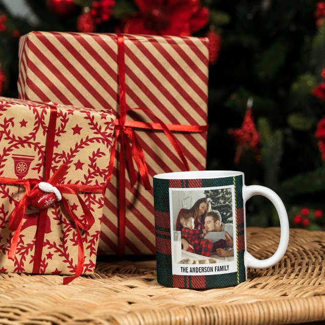 Mug Modern Red and Green Plaid Christmas Photo Collage (Modern Red & Green Plaid Christmas Photo Mug)
