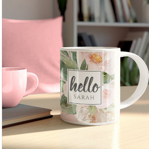 Mug Modern Watercolor Pink Flowers & Hello & Nom