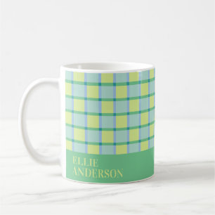 Mug Moderne à carreaux bleu vert citron personnalisé