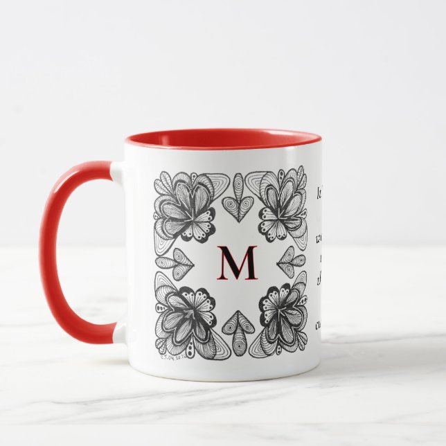 Mug Moderne Abstrait BW Doodle et Initiale en Rouge (Gauche)
