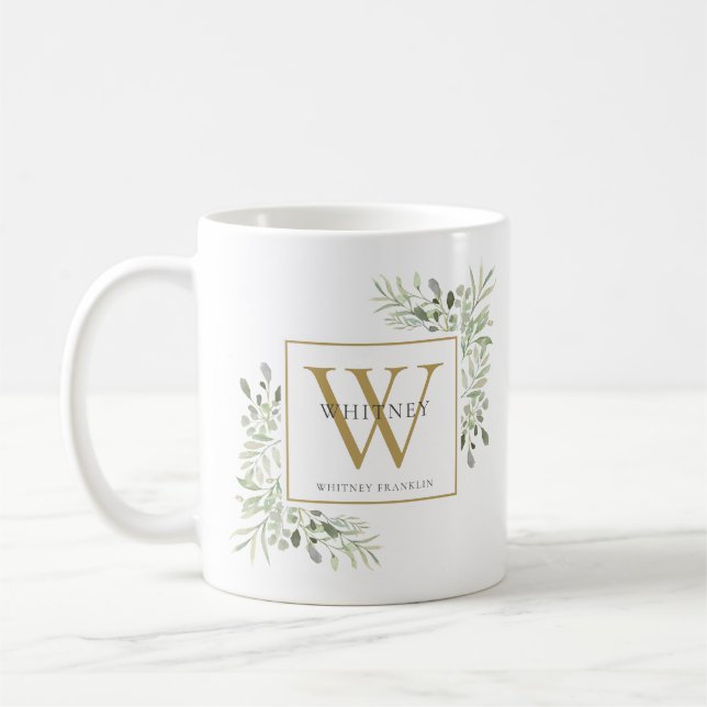 Mug Moderne Chic Végétal Monogramme Or (Gauche)