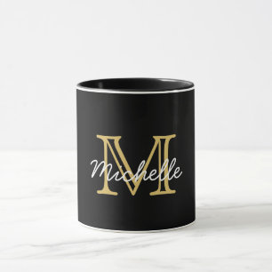 Mug Moderne Elegant Noir Or manuscrit Monogramme