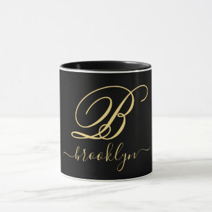 Mug Moderne Elegant Noir Or manuscrit Monogramme