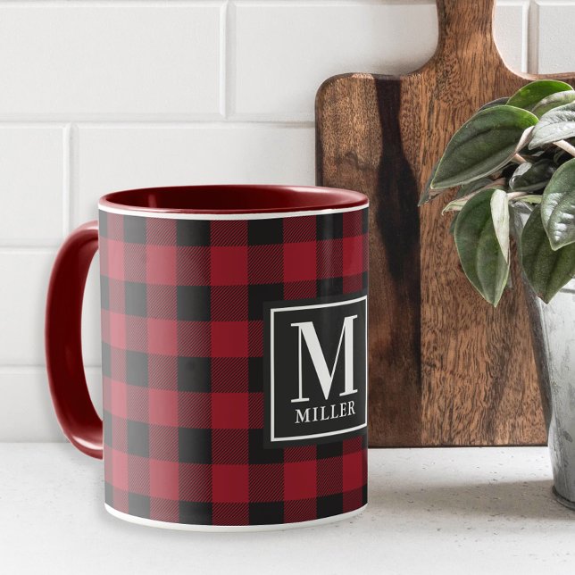 Mug Moderne Ferme Maison Rouge Monogrammé Buffalo à ca (Créateur téléchargé)