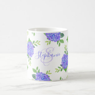 Mug Moderne Floral Purple Hydrangea Aquarelle Monogram