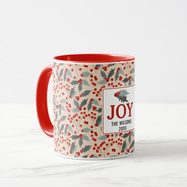 Mug Moderne Holly Berry Noël Botanique Joie Famille (Devant gauche)
