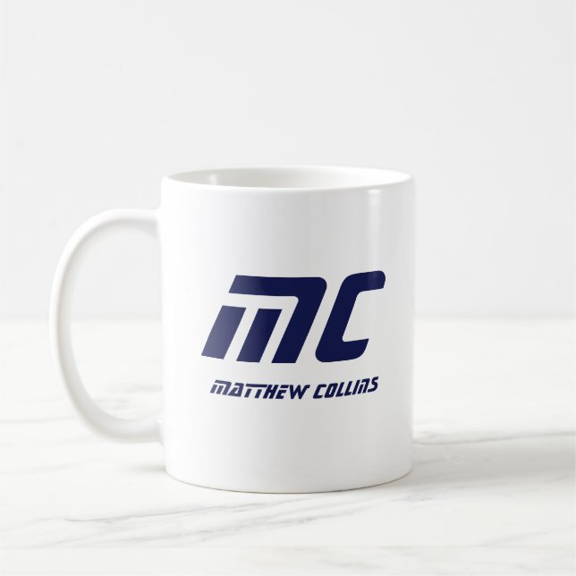 Mug Moderne Monogramme Bleu Nom Gras Simple pour Lui (Gauche)