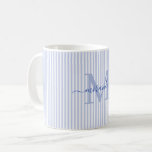 Mug Moderne Monogramme de Nom à Rayure Bleue<br><div class="desc">Commencez votre matinée avec style avec cette tasse à café rayée bleue personnalisée, conçue pour apporter un charme intemporel à chaque gorgée. Avec un fond rayé bleu clair et blanc, cette tasse élégante est personnalisée avec votre initiale de monogramme et votre nom complet dans une police de caractères script gracieuse,...</div>