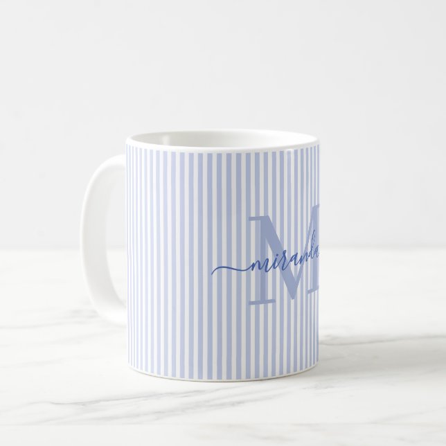Mug Moderne Monogramme de Nom à Rayure Bleue (Devant gauche)