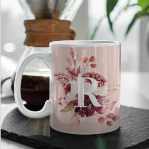 Mug Moderne Pastel Rose & Flore Rouge Avec Initiale