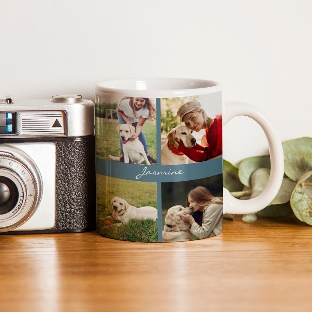 Mug Moderne Personnalisé 10 Photos Chien Turquoise ble (Celebrate your furbaby with this photo collage mug.)