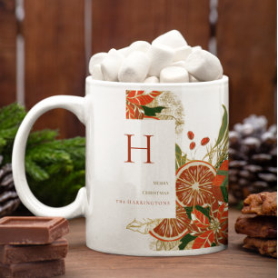 Mug Moderne Poinsettia & Verdure   Monogramme de Noël
