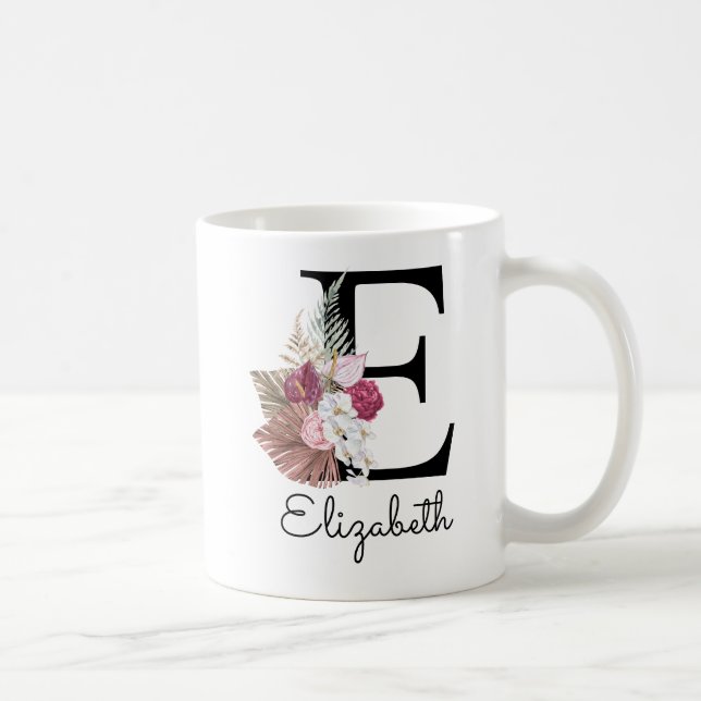 Mug Moderne Rose Boho Floral Initiale E (Droite)