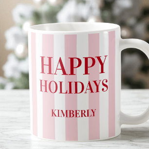 Mug Moderne rose rayé Personnalisé Joyeux Vacances