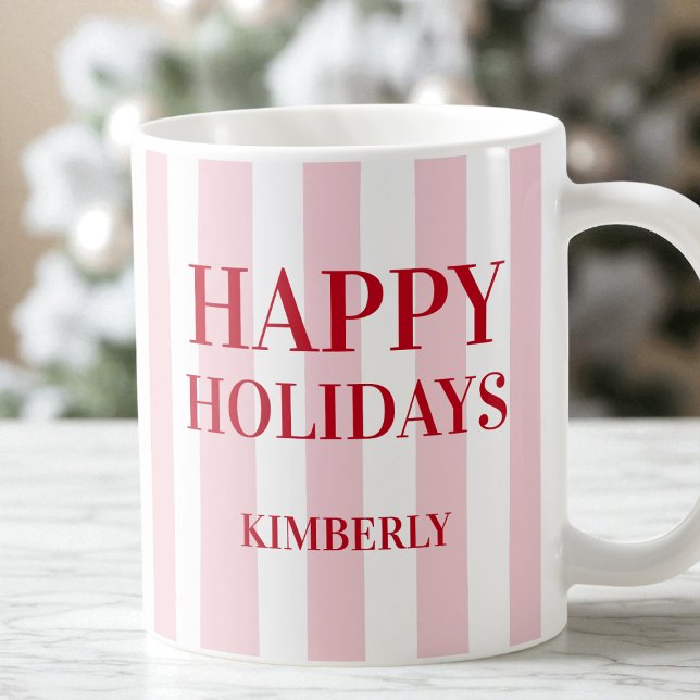 Mug Moderne rose rayé Personnalisé Joyeux Vacances (Modern Pink Striped Personalized Happy Holidays Coffee Mug)
