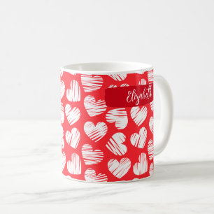 Mug Moderne Rouge et Blanc Doodled Heart Valentine Nom
