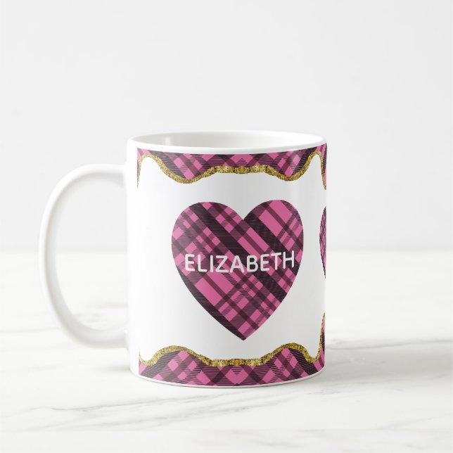 Mug Moderne Rustique rose Plaid Loeur Coeur Nom de la  (Gauche)