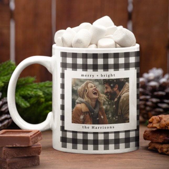 Mug Moderne Vichy Rustique Monogramme Photo Noël (Créateur téléchargé)