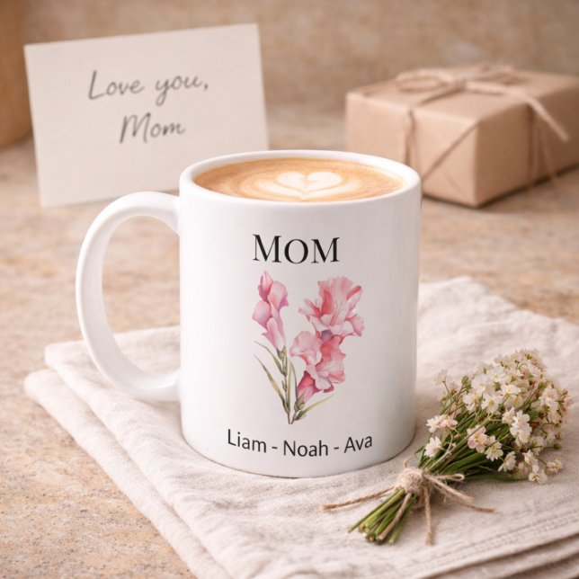 Mug Mom August Birth Flower with Kids Names (Créateur téléchargé)