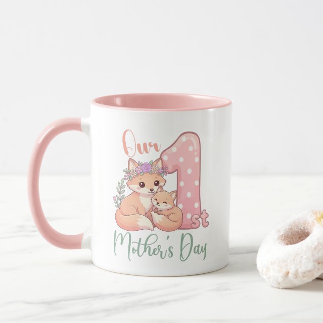 Mug Mommy and Baby Fox Pink 1st Mothers Day (Avec donut)