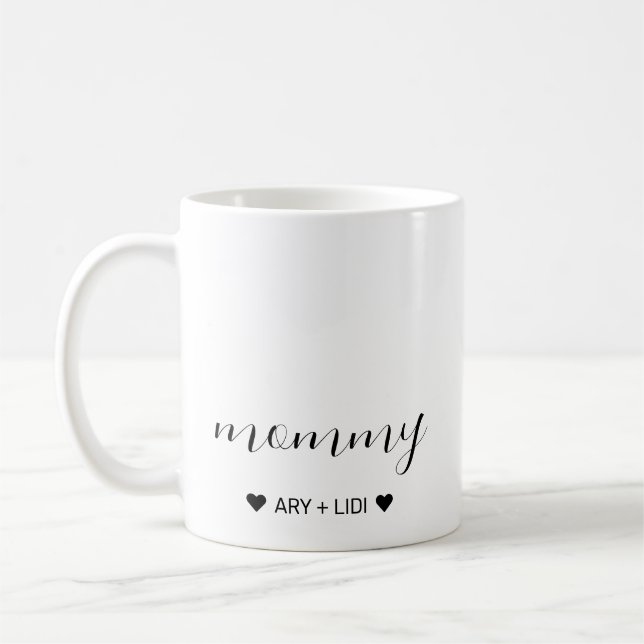 Mug Mommy Modern Chic Script Enfants Noms Fête des mèr (Gauche)