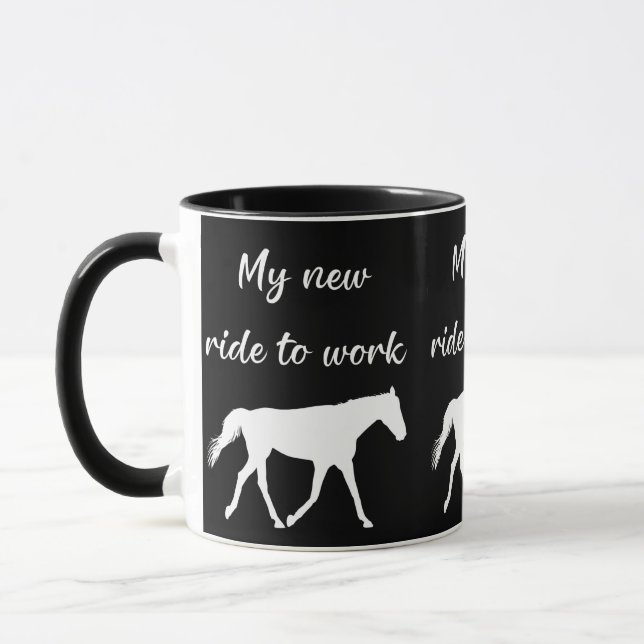 Mug Mon nouveau voyage au travail en cheval drôle (Gauche)
